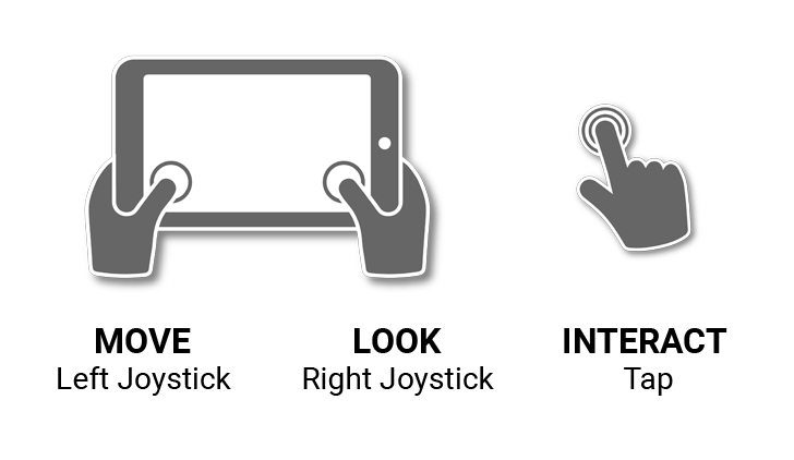 Move with left joystick; Look with right joystick; Interact by tapping