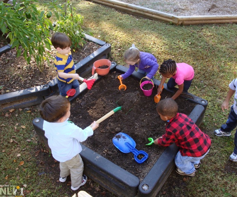 children digging in the dirt with different implements