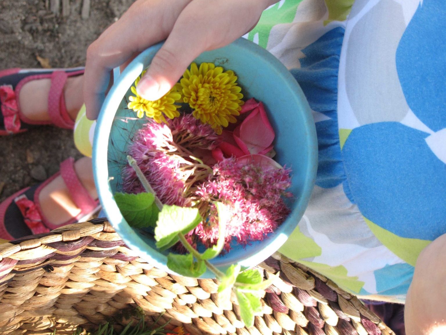 child holding multiple flowers in a container