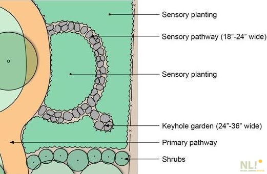 Sensory pathway as a short loop off primary pathway. Keyhole garden added along sensory pathway.
