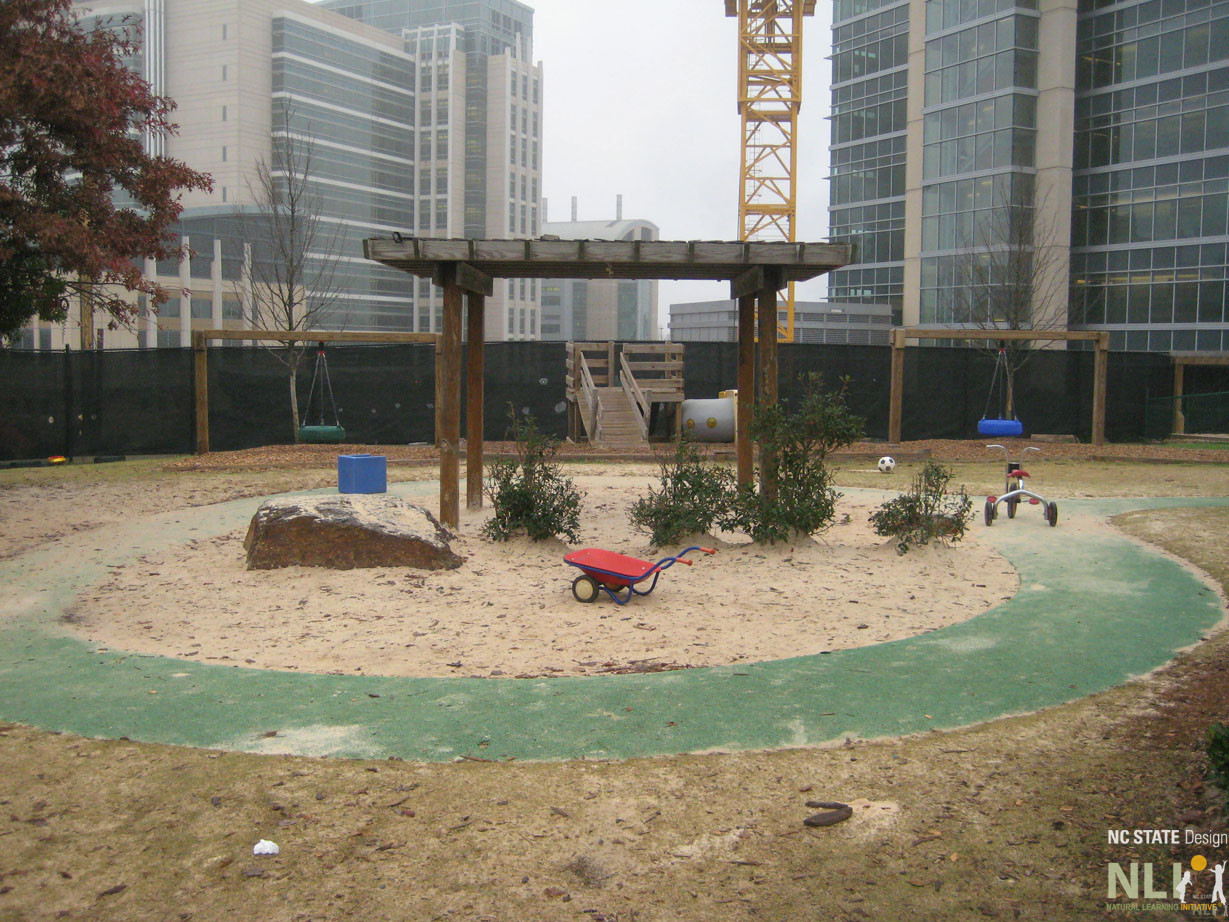 sand play area with share surrounded by looping pathway