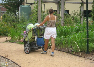 parent with stroller walking through garden