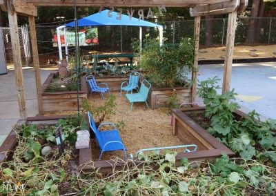 fruit and vegetable garden with seating