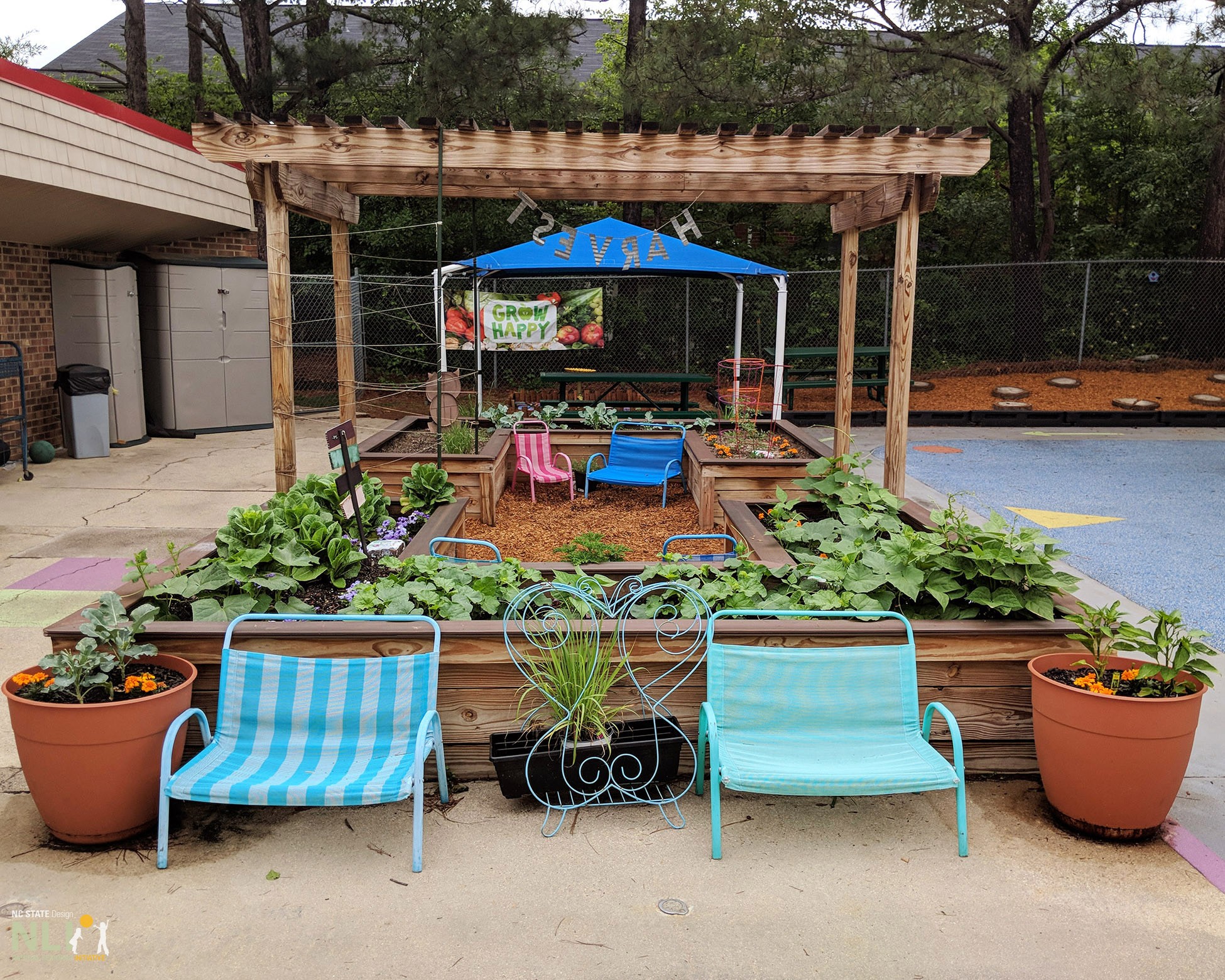 fruits and vegetable garden with seating