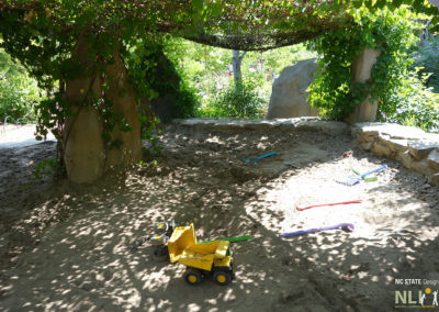 sand and earth play area with manufactured toys