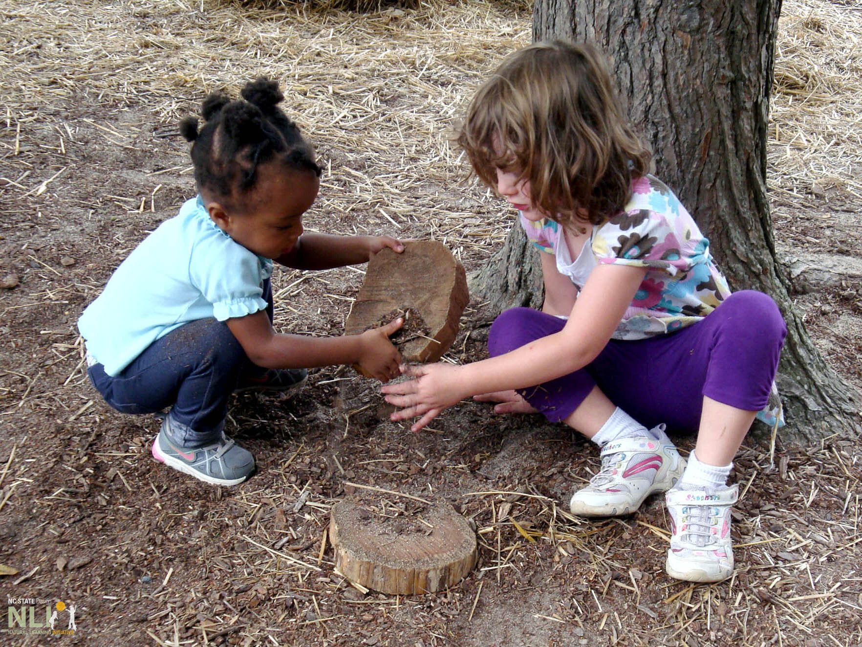children engaging in dirt play with cut tree parts