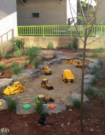 earth play setting with children's toys of construction equipment