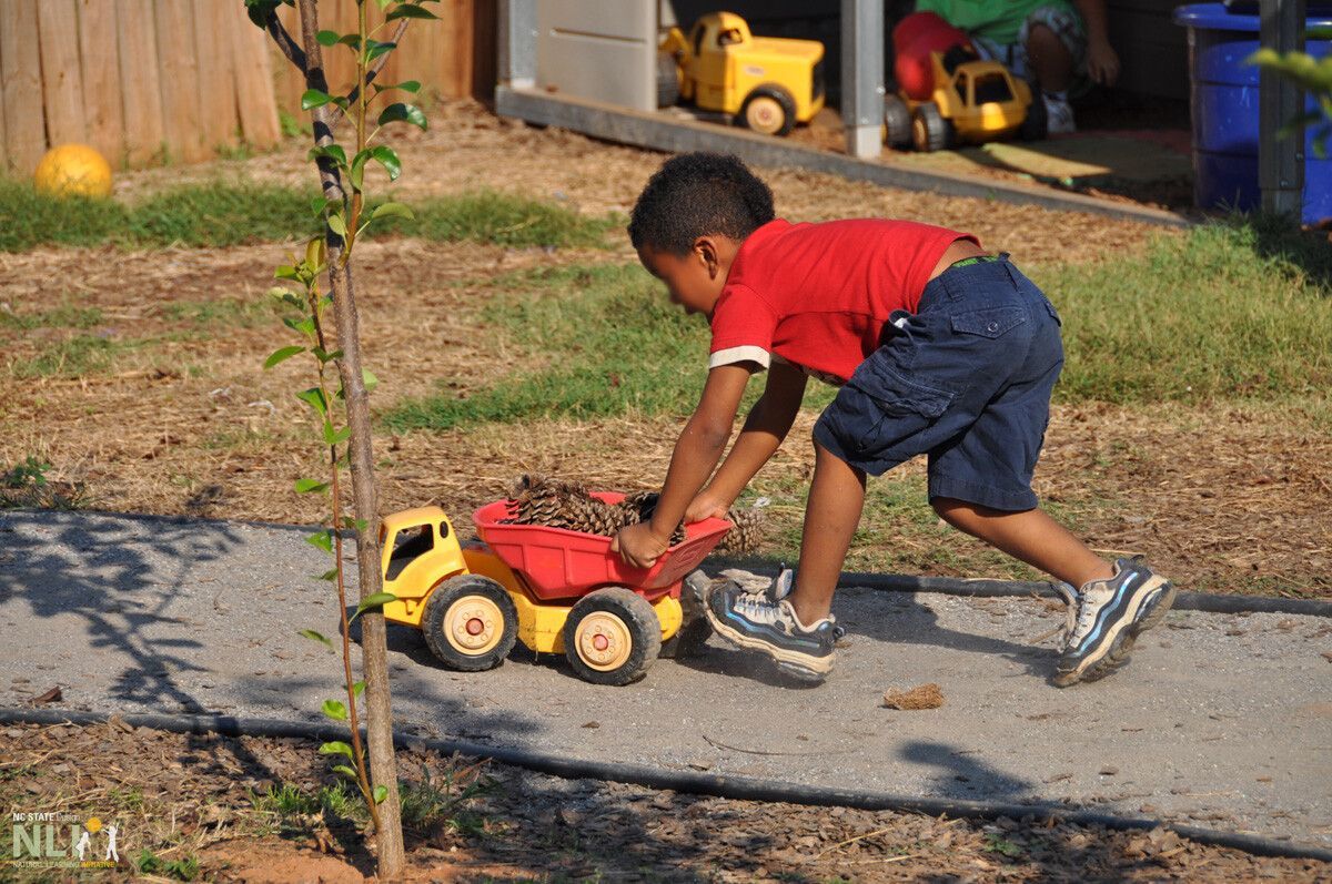 child engaging in play with wheeled toy