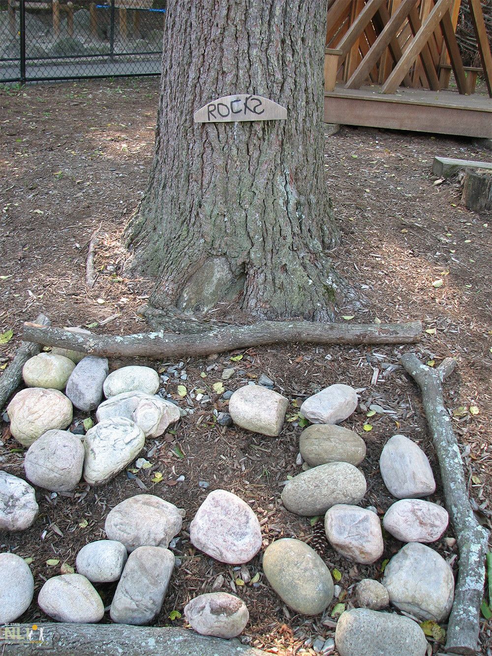 stones surrounded by sticks making a sand-box of sorts