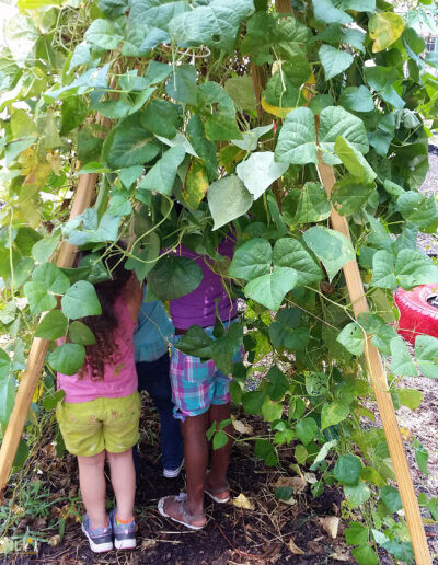 kids inside a conical structure covered in vines