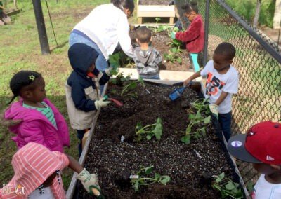 children planting strawberry patch