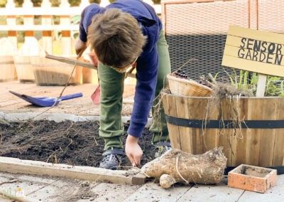 child picking up roots